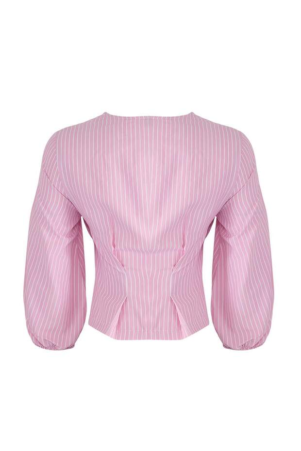 Pembe Kruvaze Çizgili Dokuma Bluz TWOSS25BZ00170 - 7