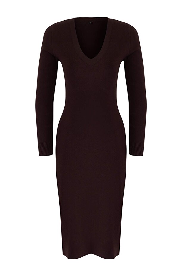Wardrobe Essentials Kahverengi Premium/Özel İplikli Midi Triko Elbise | TWOAW26EL00007 - 5