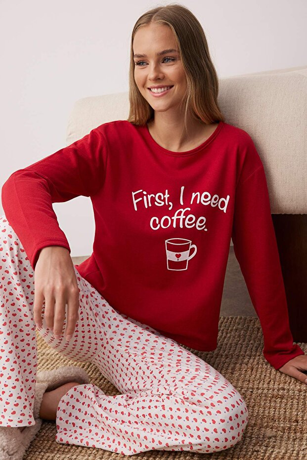 Kırmızı Pamuklu Kalpli Slogan Baskılı Uyku Bantlı Örme Pijama Takımı THMAW25PT00223 - 3