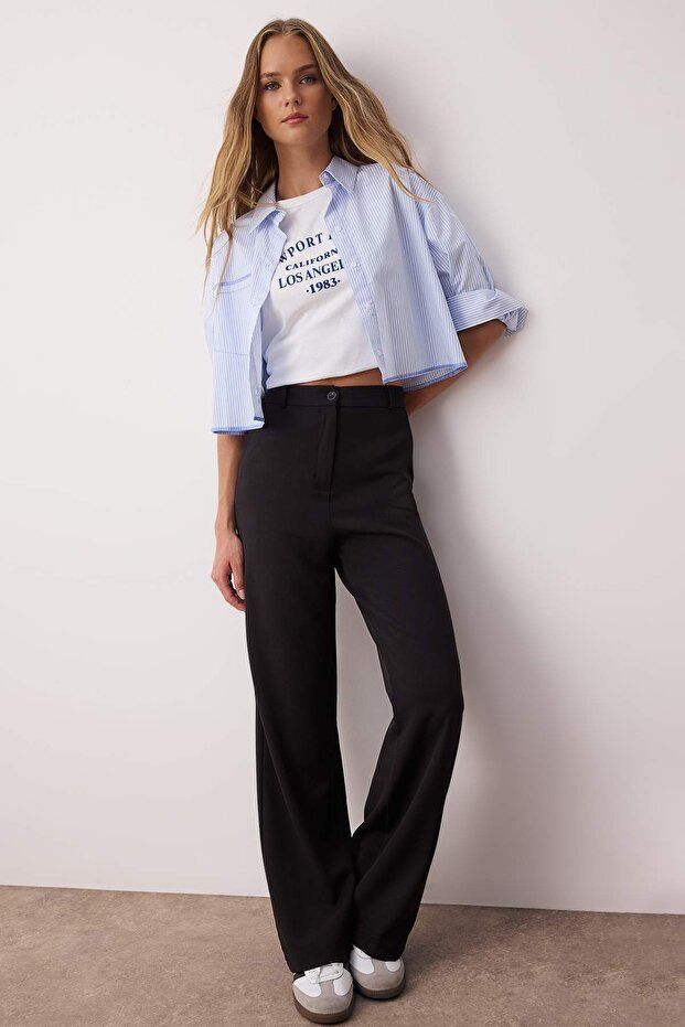 Siyah Wide Leg/Geniş Paça Bootcut Dokuma Kumaş Pantolon TWOAW21PL0332 - 1