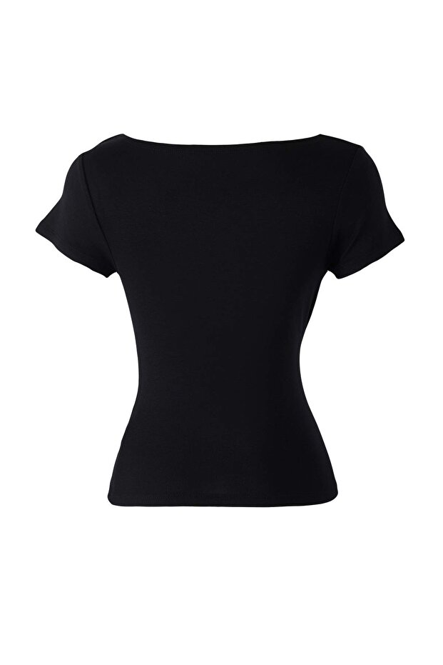 Siyah Büzgü/Drape Detaylı Fitted/Vücuda Oturan Örme Bluz TWOSS25BZ00278 - 6