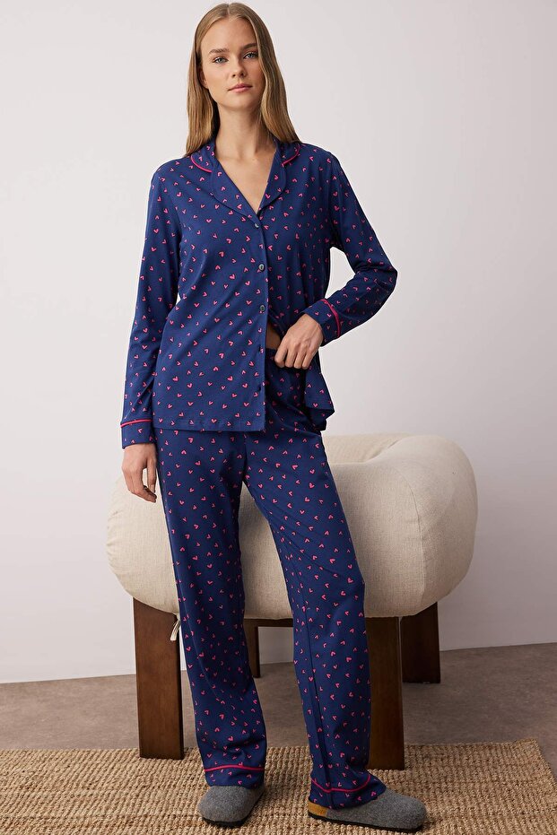 Lacivert %100 Pamuklu Kalpli Biyeli Örme Pijama Takımı THMAW24PT00103 - 2