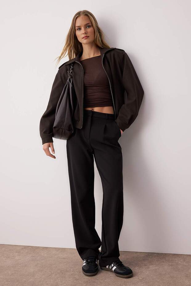 Siyah Wide Leg/Geniş Paça Pileli Dokuma Kumaş Pantolon TWOSS21PL0155 - 3