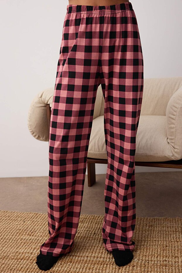 Siyah %100 Pamuklu Ayıcıklı Ekoseli Örme Pijama Takımı THMAW25PT00088 - 3