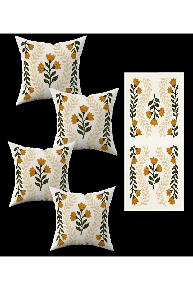 Bohemian Boho Themed Gray Cream Color Digital Printed Gift Set of 4 Throw Pillow Covers and Runner Set