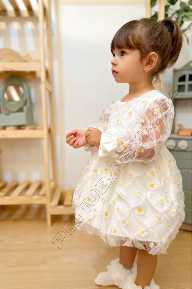 White Daisy Patterned Tulle Long Sleeve Baby Girl & Girl Dress - Elisa