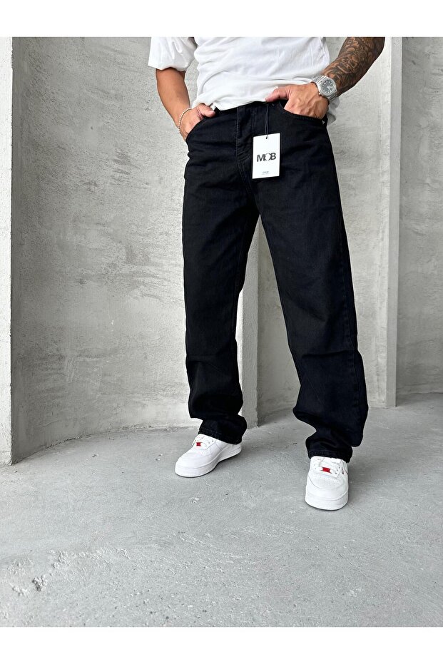 Hafif Kimyasallı Baggy Siyah Pantolon - 3
