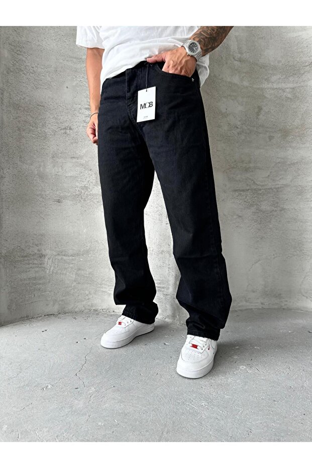 Hafif Kimyasallı Baggy Siyah Pantolon - 1