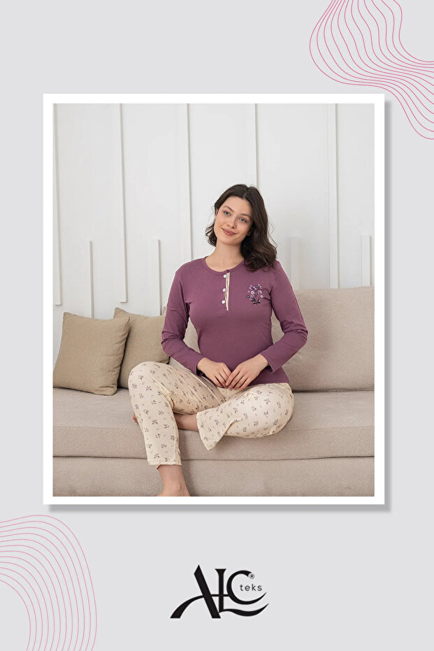 Women's Pajama Set Stylish Purple Floral Print 100% Cotton Long Sleeve & Button-Down Collar