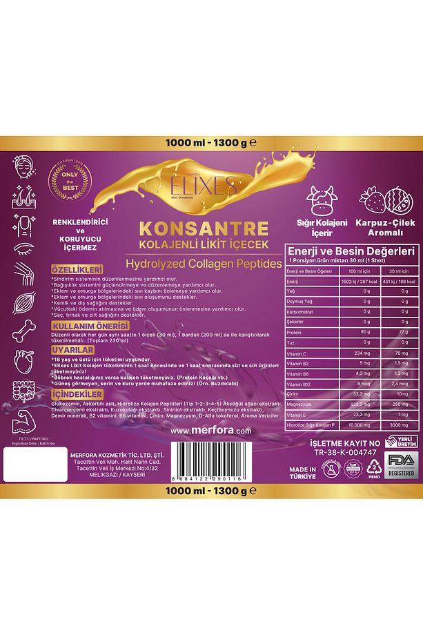 Elixes Likit Konsantre Sığır Kolajenli & Içecek 1000 ml (KARPUZ-ÇİLEK AROMALI) - 2