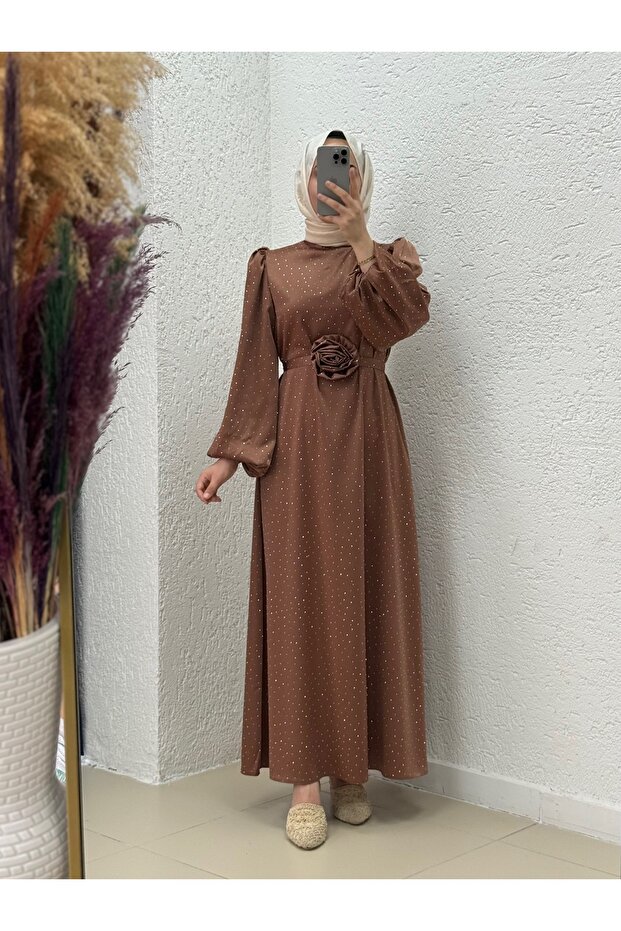 Nevin Satin Dress with Stones and Roses-Bn4346 Brown