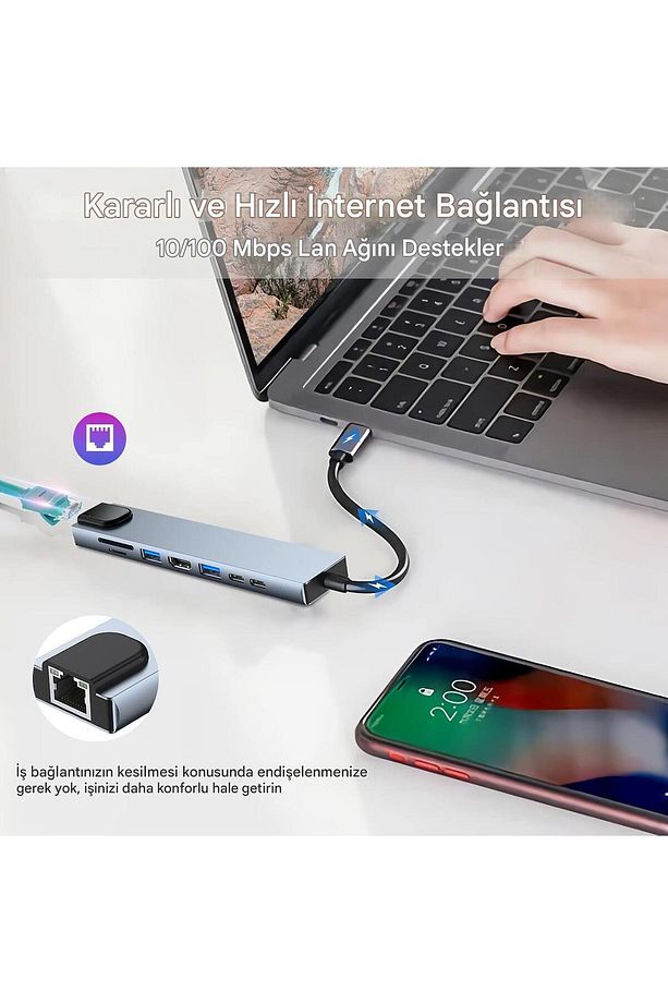 Macbook Pro Air Usb Type-c Hub Dönüştürücü Çevirici Çoklayıcı Usb Hdmı Micro Sd 8 Girişli - 6