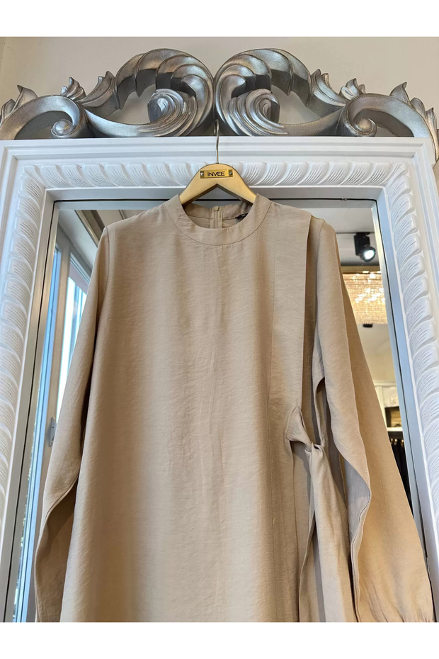 6958 Modal Kumaş Camel Elbise - 1