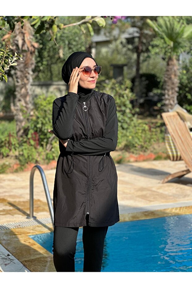 قماش باراشوت أسود - ملابس سباحة إسلامية مغلقة بالكامل