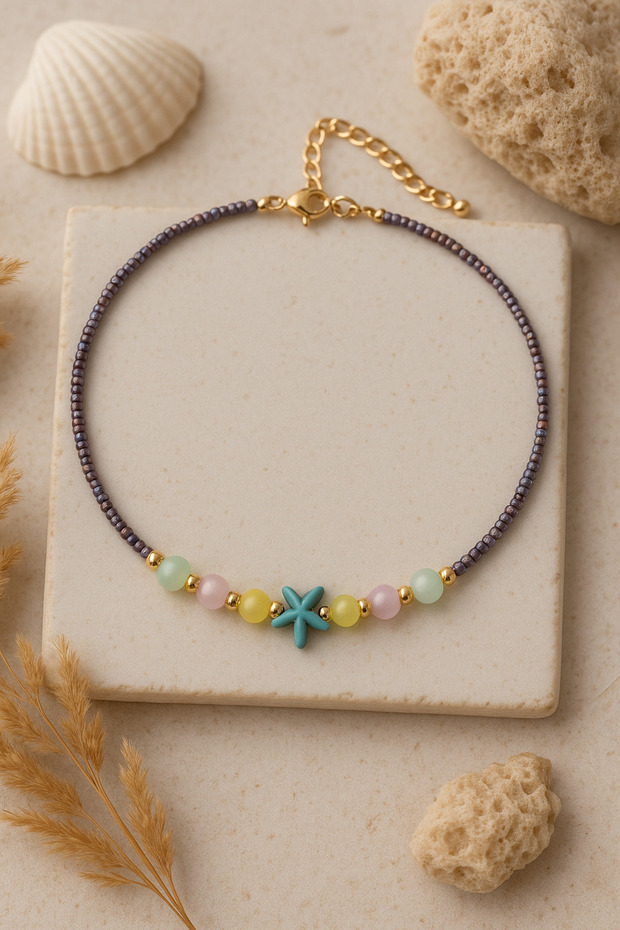 Handmade Necklace with Colorful Glass Beads and Star Figures - Summer Themed