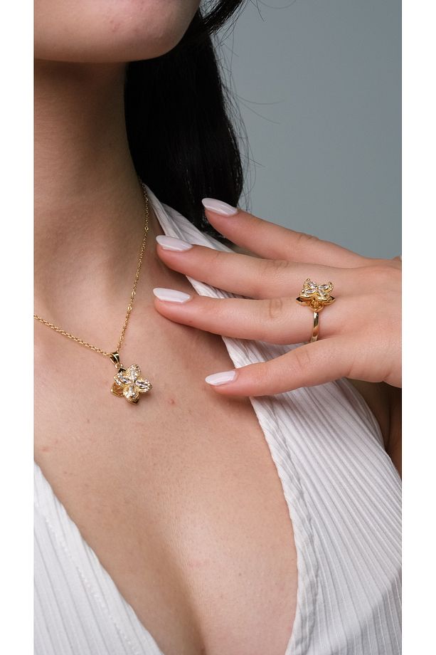 Rotatable Golden Clover Döndürülebilir Kuyumcu Model Çelik (KOLYE & AYARLANABİLİR YÜZÜK) 2'li Set - 1