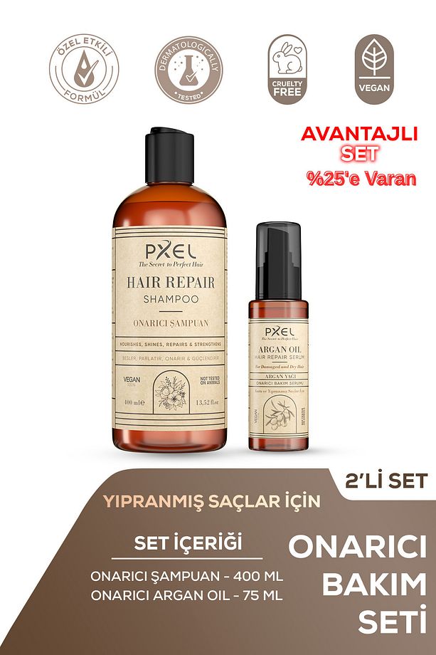 Onarıcı Şampuan – Argan Serum 2’li Set | Yıpranmış ve Kuru Saçlar İçin |400 ML, 75 ML - 1