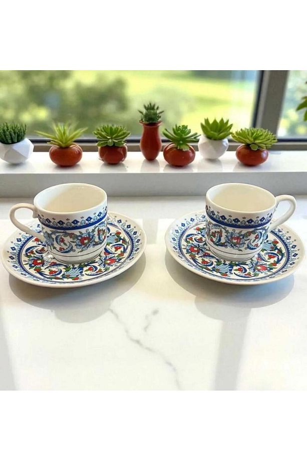 Kahve Fincanı Topkapı Çini Işlemeli 2 Kişilik Porselen Fincan Porselen Set Of 2 Adet - 1