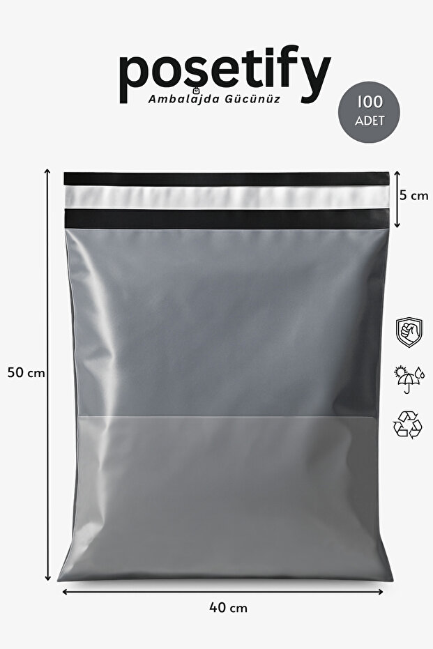 100 Adet Cepli Kargo Poşeti 40x50+5 cm | Gri Renk Yapışkan Bantlı Gönderi Zarfı | E-Ticaret Poşeti - 1