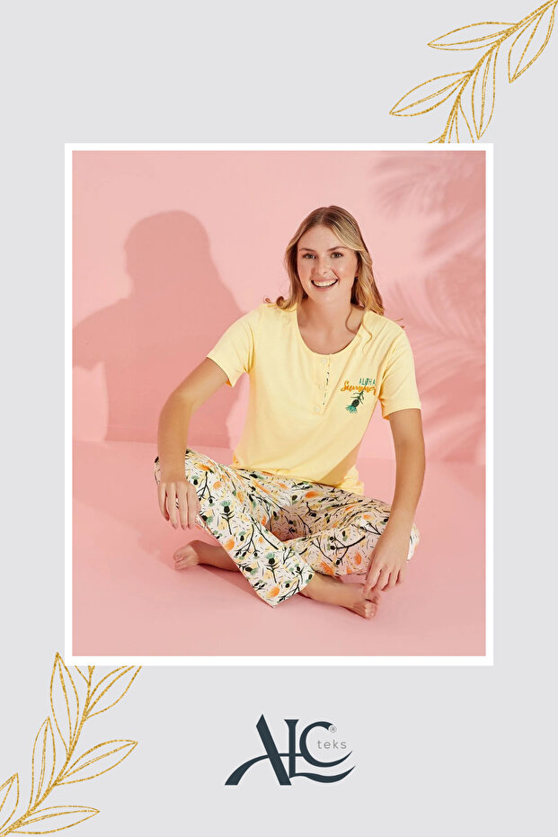 Women's Pajama Set Lightweight & Breathable: Yellow Floral Print Cotton - Short Sleeve, Button-Down Collar