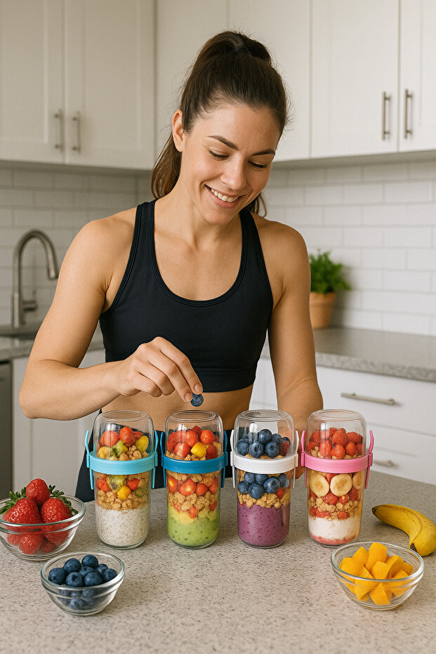 Muesli Container Yogurt Oatmeal Diet 650 ml Storage Container Portable with Spoon, Fork and Lid 2 Compartments - 7