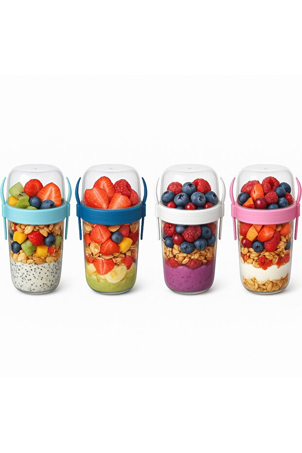 قطعتان من حاوية المuesli للزبادي والشوفان للحمية 650 مل حاوية تخزين محمولة مع شوكة وملعقة وغطاء - 3