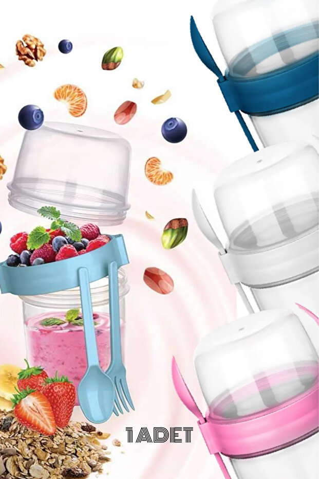 Muesli Container Yogurt Oatmeal Diet 650 ml Storage Container Portable with Spoon, Fork and Lid 2 Compartments - 1