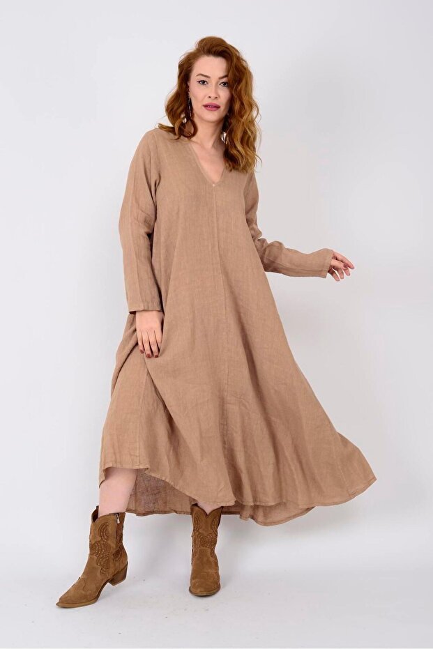 Italian V-neck Long Sleeve Linen Dress