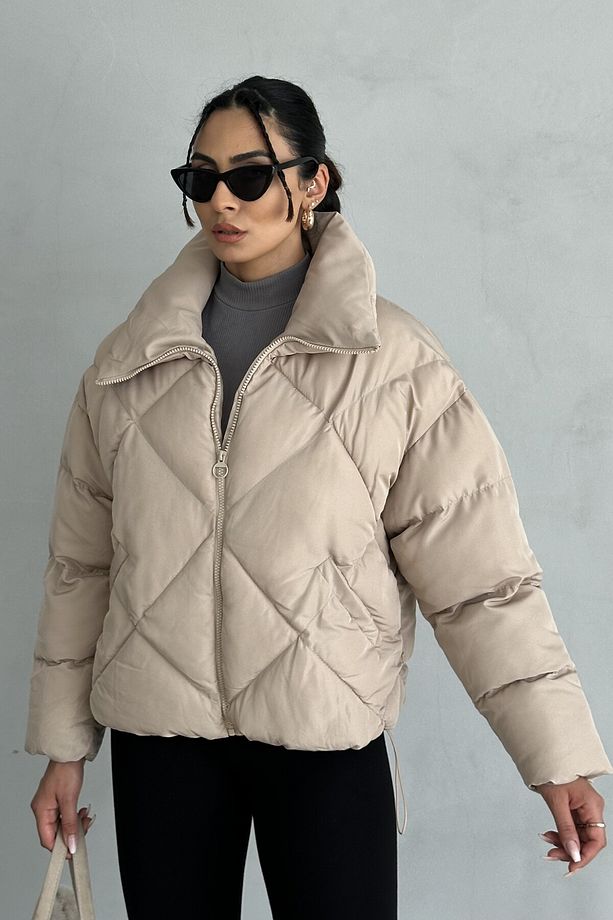Kadın Bej Oversize Şişme Mont - Baklava Desenli - 4