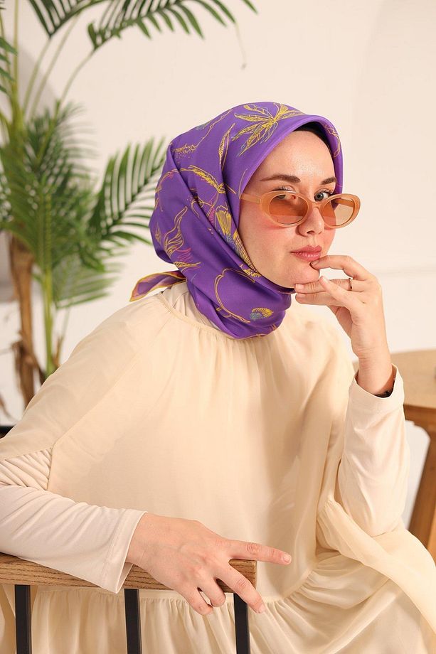 Eflatun Sarı Desenli Tivil Ipek Eşarp 11433-30 - 5