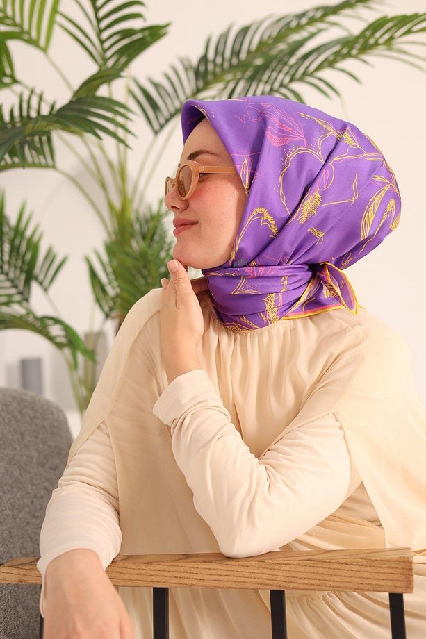Eflatun Sarı Desenli Tivil Ipek Eşarp 11433-30 - 4