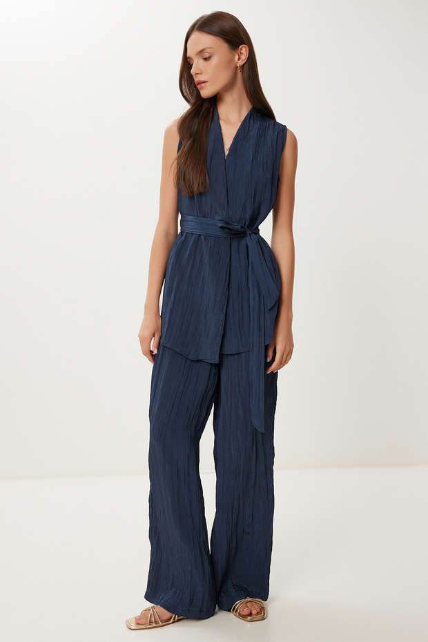 Crinkle Effect Vest Palazzo Woven Suit