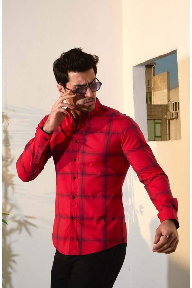 Red_Lacquered Blue Cotton Lycra Plaid Slim Fit Shirt