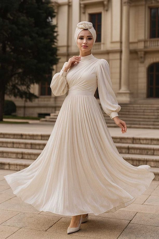 Drape Detaylı Krem Tesettür Abiye Elbise 44081KR - 1