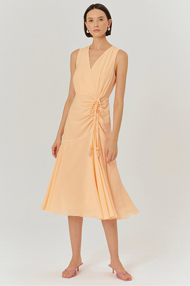 V-Neck Sleeveless Gather Detailed Regular Midi Length Dress