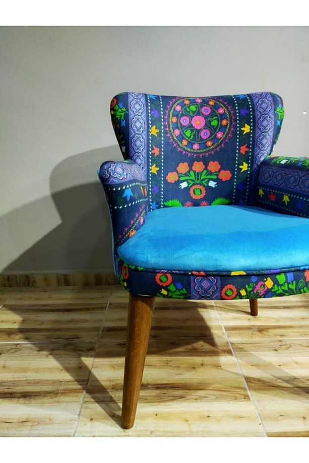 Ahşap Berjer Nubuk Kumaş Ahşap Ceviz Ayak Geniş Oturum Ahşap Ayaklı Sandalye Koltuk Etnik Desen - 2
