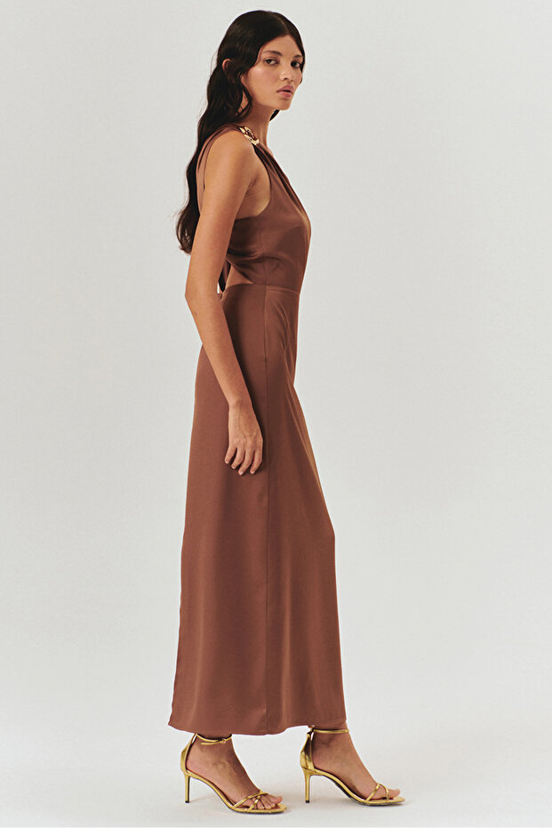Gold Buckle Detailed One Shoulder Tie Brown Midi Dress