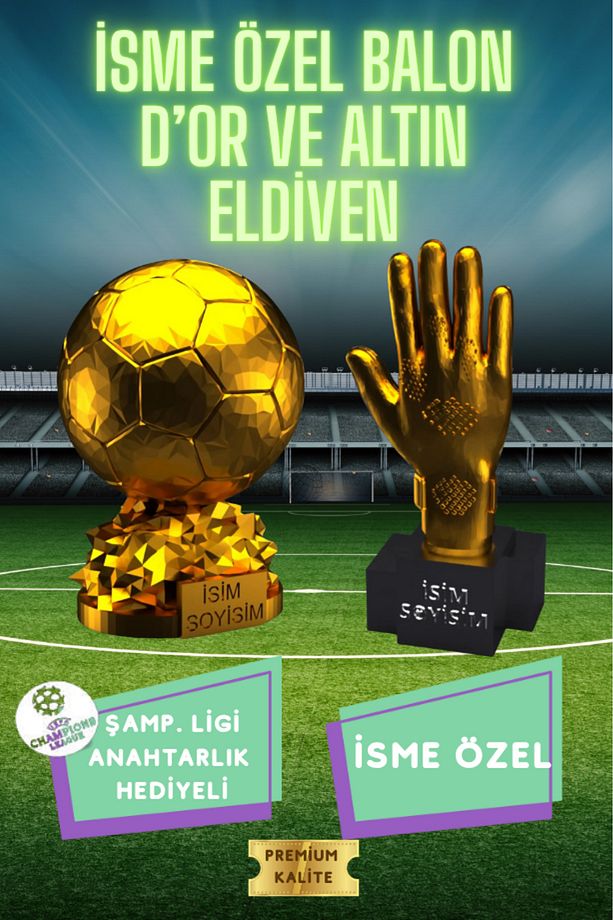 Ballon d'Or & Altın Eldiven 3D Maket Seti (15 cm) + Şampiyonlar Ligi Logolu Anahtarlık Hediye - 1