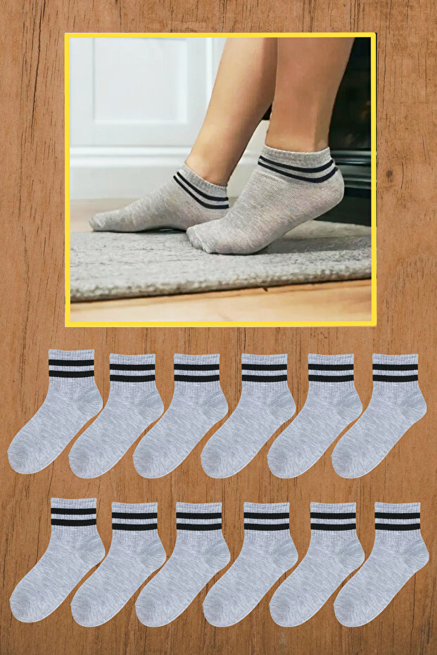 12 Pairs Men's and Women's Cotton Striped Gray Booties Socks