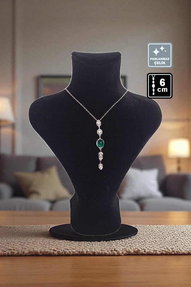🌠 'Y' Model Stone Steel Necklace 🎨 Green Silver
