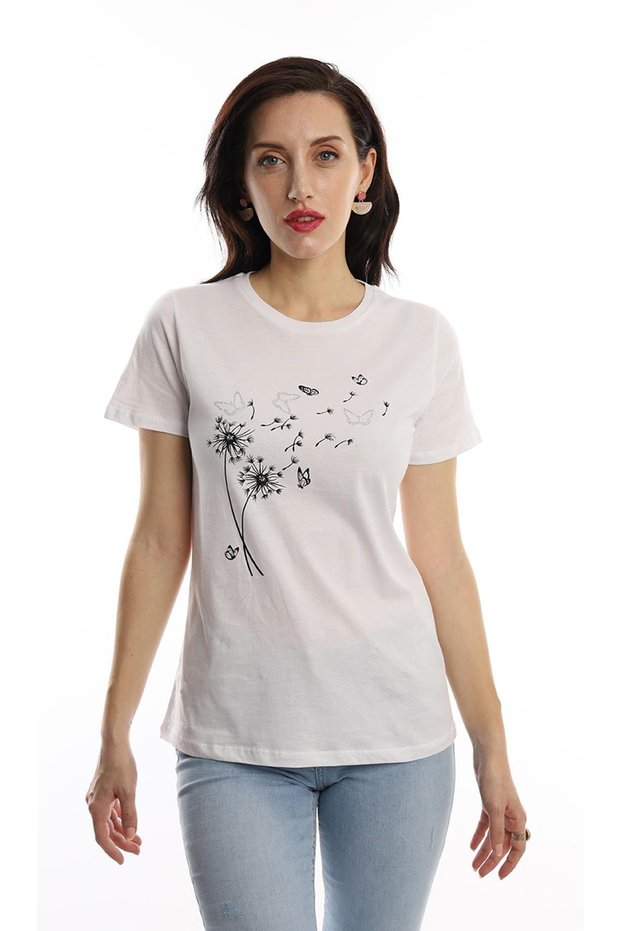 Women's Crew Neck Printed Basic T-Shirt White