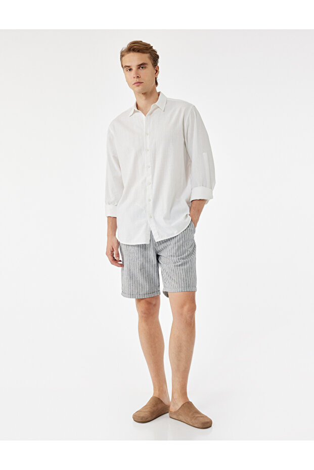 Cotton Linen Blend Pocket Detail Lace-Up Waist Bermuda Shorts
