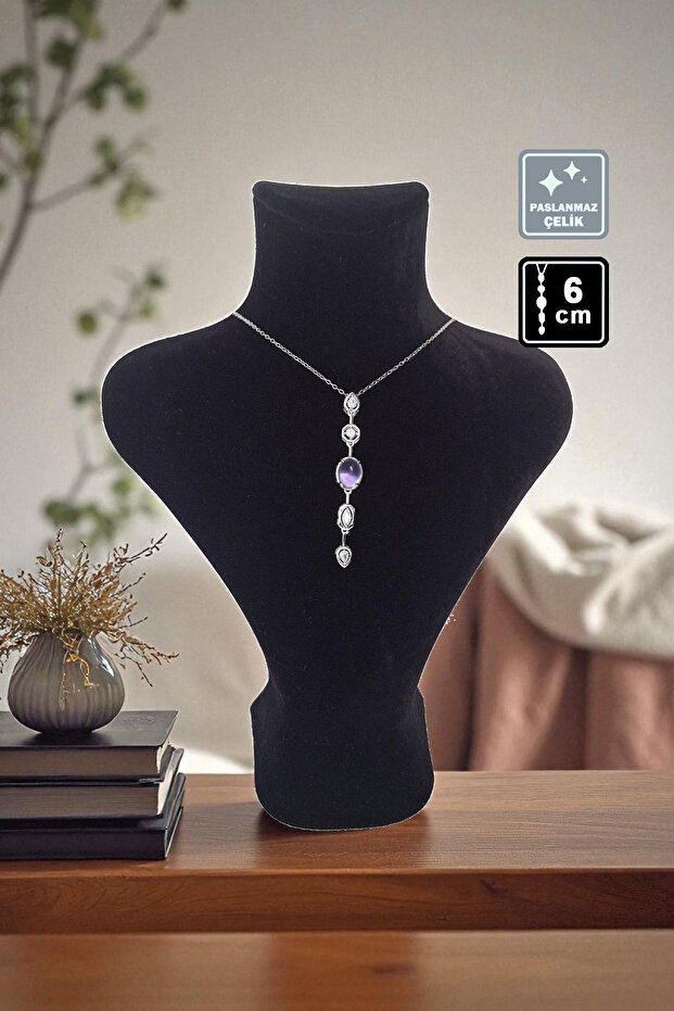 🌠 'Y' Model Stone Steel Necklace 🎨 Purple Silver