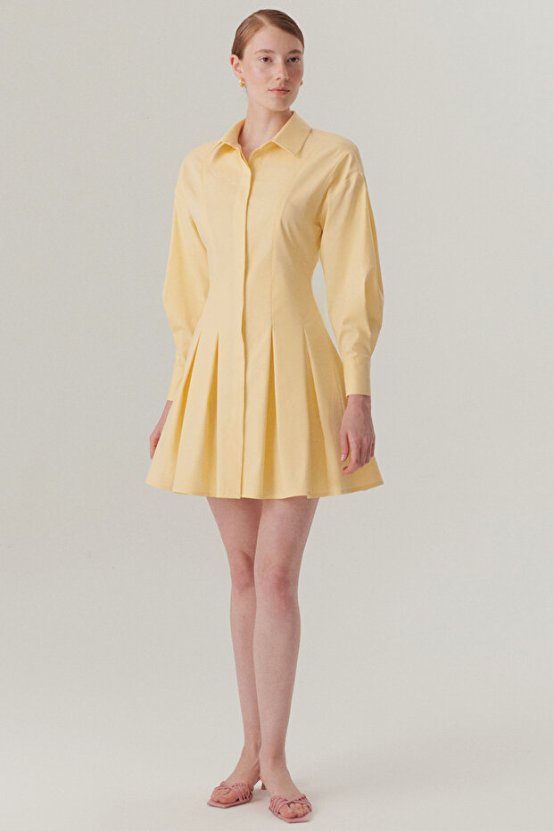 Low Sleeve Detailed Pleated Yellow Mini Shirt Dress