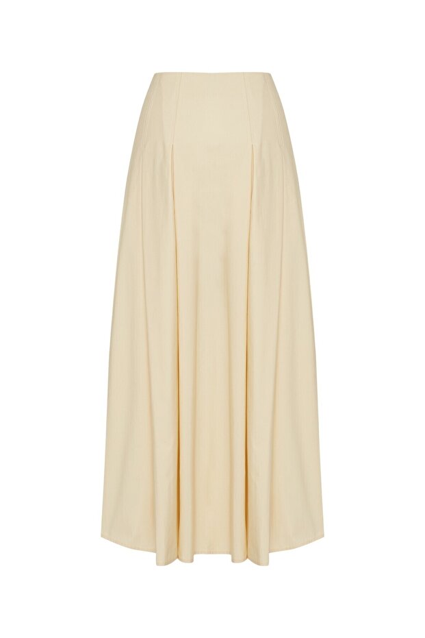 Açık Sarı Pileli Pamuklu Midi Boy Etek - 8