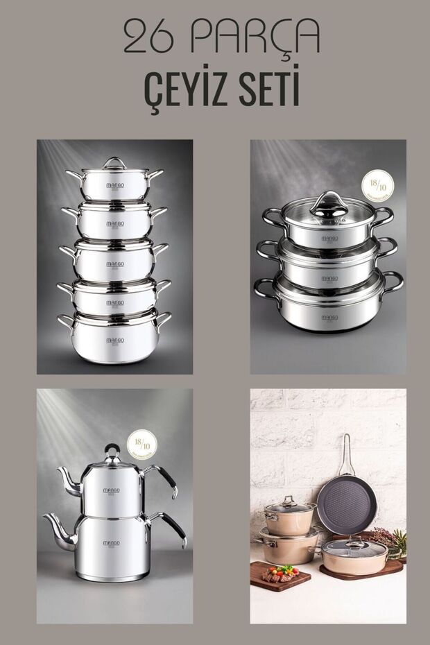 Mango Kitchen 26 Piece Dowry Set Steel Pot, Sahan, Teapot Set Swiss Crystal Cookware Set