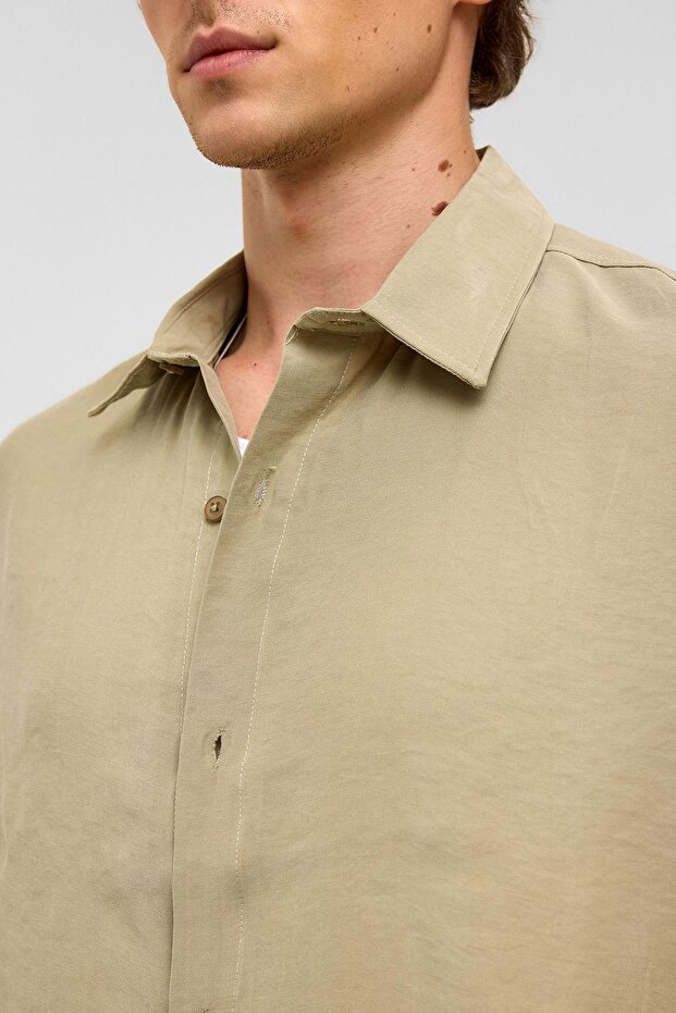 Basic Oversize Kısa Kollu Modal Gömlek Haki - 6