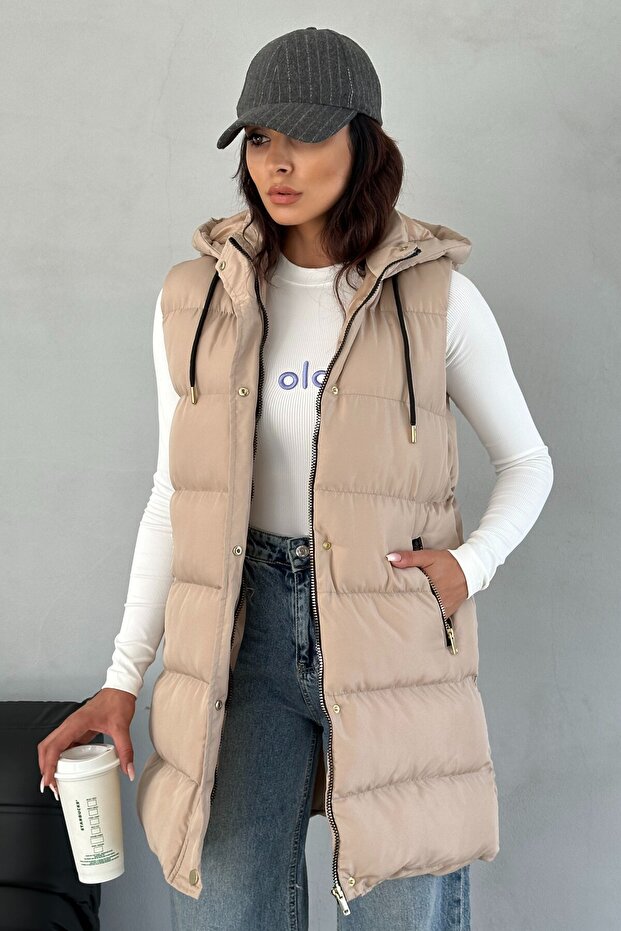Beige Long Puffer Vest - Hooded and Gold Detailed