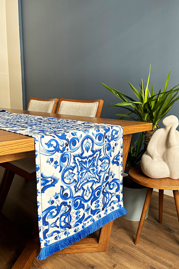 Cobalt Blue Tasseled, Tile 01 Pattern 40X140Cm Runner