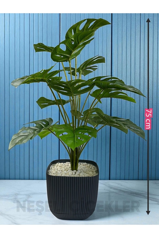 Yapay Ağaç Monstera Deve Tabanı Bitkisi 18 Yaprak 75cm Plastik Saksıda Yapay Salon Çiçeği Hediyelik - 4